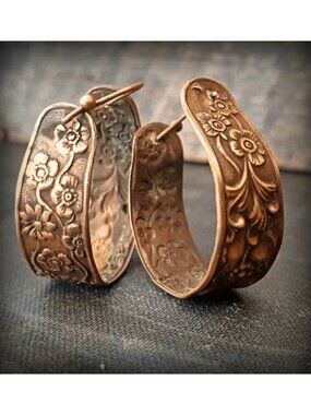 Vintage Boho Copper Floral Carved Wide Chunky Open J Hoop Earrings Antique Style